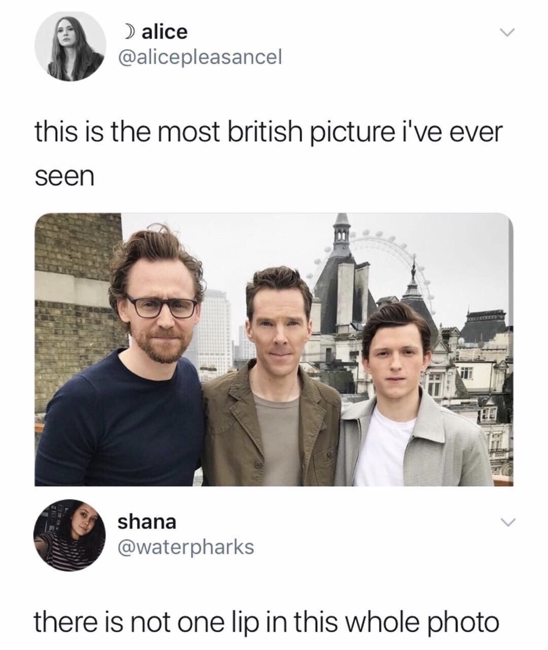 Friday TGIF meme about white British men with pic of Tom Hiddleston, Benedict Cumberbatch and Tom Holland