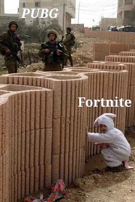 Friday TGIF meme comparing PUBG to Fortnite with pic of child in bunny costume hiding from soldiers