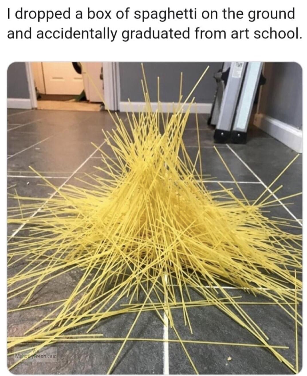 dropped a box of spaghetti - I dropped a box of spaghetti on the ground and accidentally graduated from art school. Mohsil Fresh.com