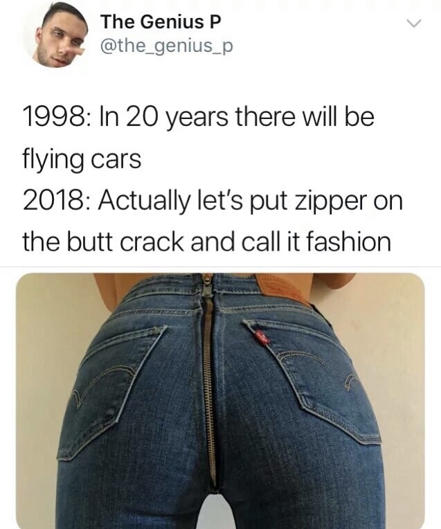 rape meme - The Genius P 1998 In 20 years there will be flying cars 2018 Actually let's put zipper on the butt crack and call it fashion