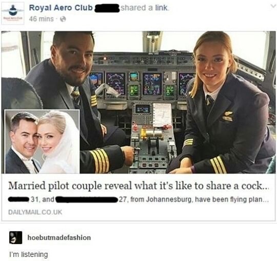 couple funny - d a link Royal Aero Club 46 mins Married pilot couple reveal what it's to a cock... 31, and 27. from Johannesburg, have been flying plan. Dailymail.Co.Uk hoebutmadefashion I'm listening