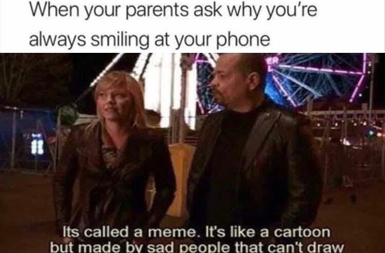 sad people meme - When your parents ask why you're always smiling at your phone Its called a meme. It's a cartoon but made by sad people that can't draw