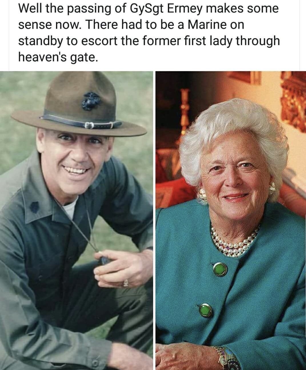 first lady barbara bush - Well the passing of GySgt Ermey makes some sense now. There had to be a Marine on standby to escort the former first lady through heaven's gate.