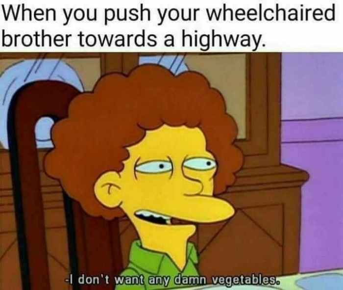 simpsons i don t want any damn vegetables - When you push your wheelchaired brother towards a highway. I don't want any damn vegetables.