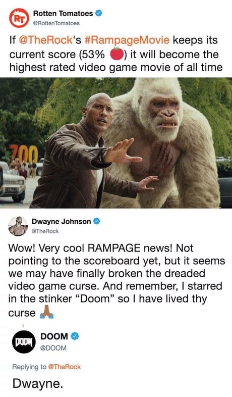 dwayne johnson rampage meme - Rotten Tomatoes Tomatoes If 's keeps its current score 53% it will become the highest rated video game movie of all time Dwayne Johnson Wow! Very cool Rampage news! Not pointing to the scoreboard yet, but it seems we may have