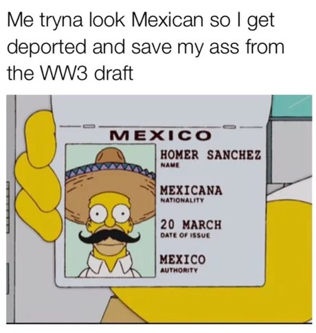 Me tryna look Mexican so I get deported and save my ass from the WW3 draft Mexico Homer Sanchez Name Mexicana Nationality 20 March Date Of Issue Mexico Authority