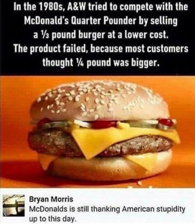 a&w memes - In the 1980s, A&W tried to compete with the McDonald's Quarter Pounder by selling a 13 pound burger at a lower cost. The product failed, because most customers thought a pound was bigger. Bryan Morris McDonalds is still thanking American stupi