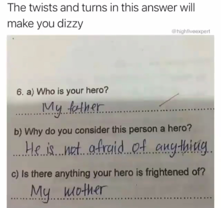 handwriting - The twists and turns in this answer will make you dizzy highfiveexpert 6. a Who is your hero? ..My father.................. b Why do you consider this person a hero? He is...not afraid of anything. c Is there anything your hero is frightened