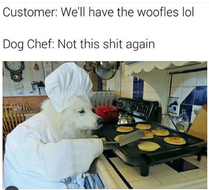ll have the woofles - Customer We'll have the woofles lol Dog Chef Not this shit again