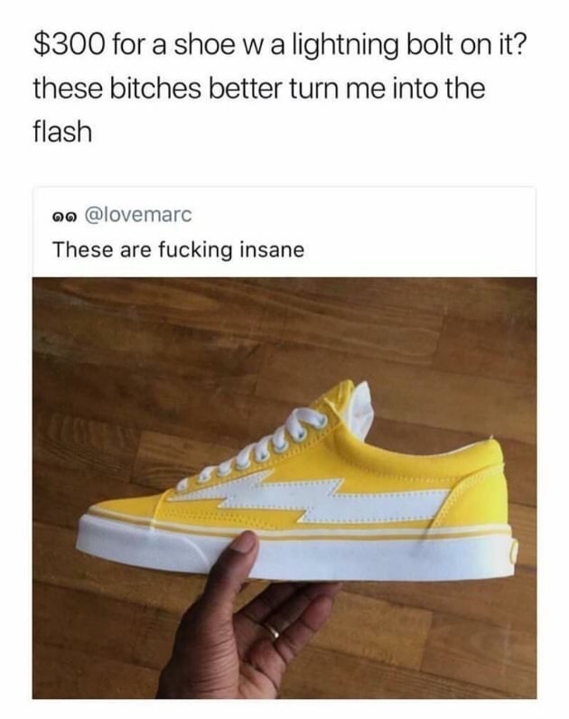 yellow shoes with lightning bolt - $300 for a shoe w a lightning bolt on it? these bitches better turn me into the flash oo These are fucking insane