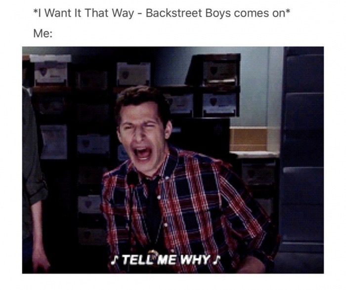 memes - photo caption - I Want It That Way Backstreet Boys comes on Me Tell Me Why