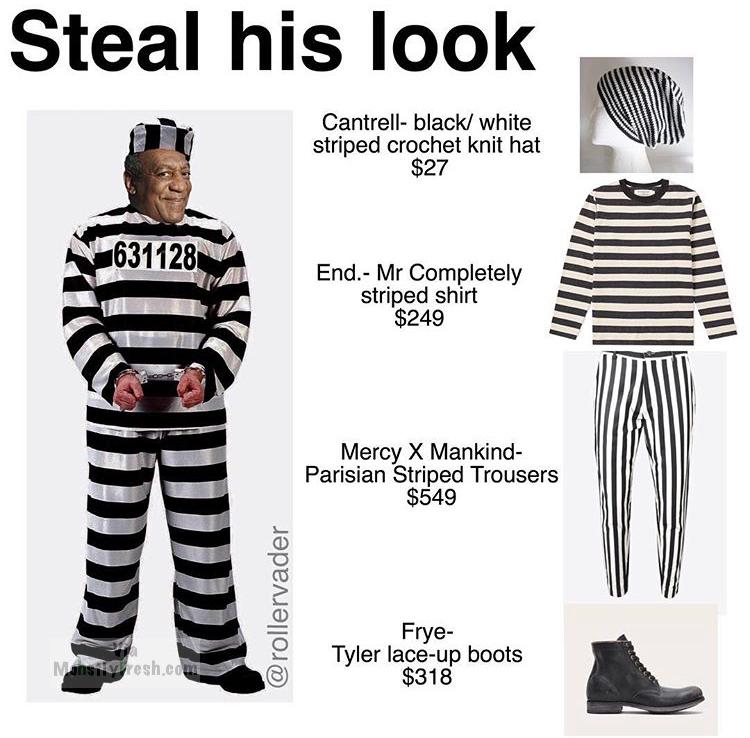 memes - shoulder - Steal his look Cantrell blackwhite striped crochet knit hat $27 N631128 End. Mr Completely striped shirt $249 Mercy X Mankind Parisian Striped Trousers $549 Frye Tyler laceup boots $318 Mastesh.com
