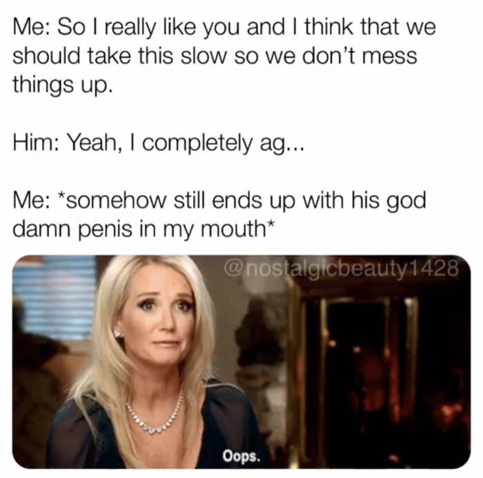memes - media - Me So I really you and I think that we should take this slow so we don't mess things up. Him Yeah, I completely ag... Me somehow still ends up with his god damn penis in my mouth Oops.