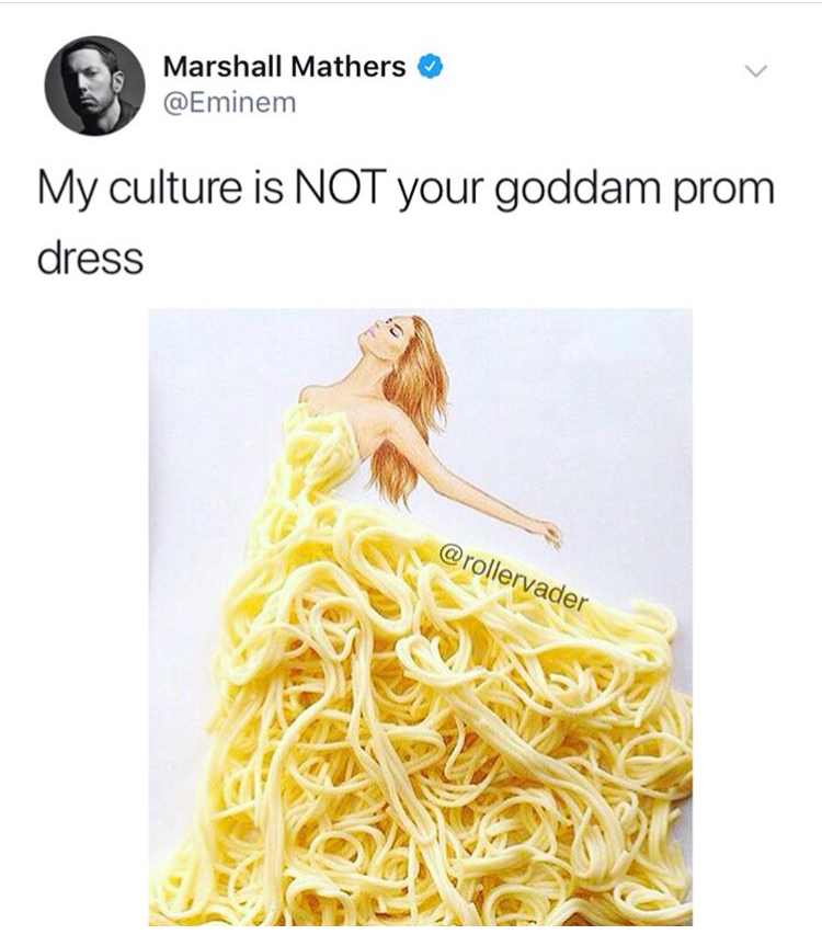 memes - cut out fashion illustration - Marshall Mathers My culture is Not your goddam prom dress