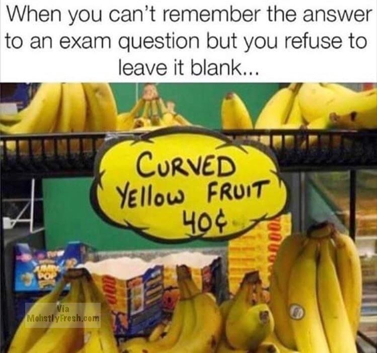 memes - curved yellow fruit - When you can't remember the answer to an exam question but you refuse to leave it blank... Curved Yellow Fruit 404 Mohstly Fresh.com