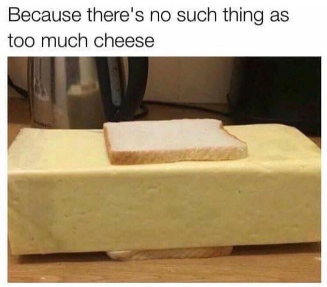 memes - never too much cheese meme - Because there's no such thing as too much cheese
