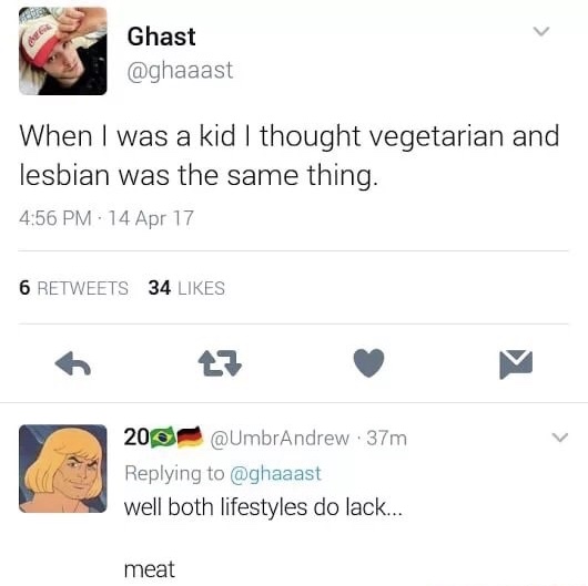 memes - well both lifestyles do lack meat meme - Ghast When I was a kid I thought vegetarian and lesbian was the same thing. . 14 Apr 17 6 34 200 .37m well both lifestyles do lack... meat