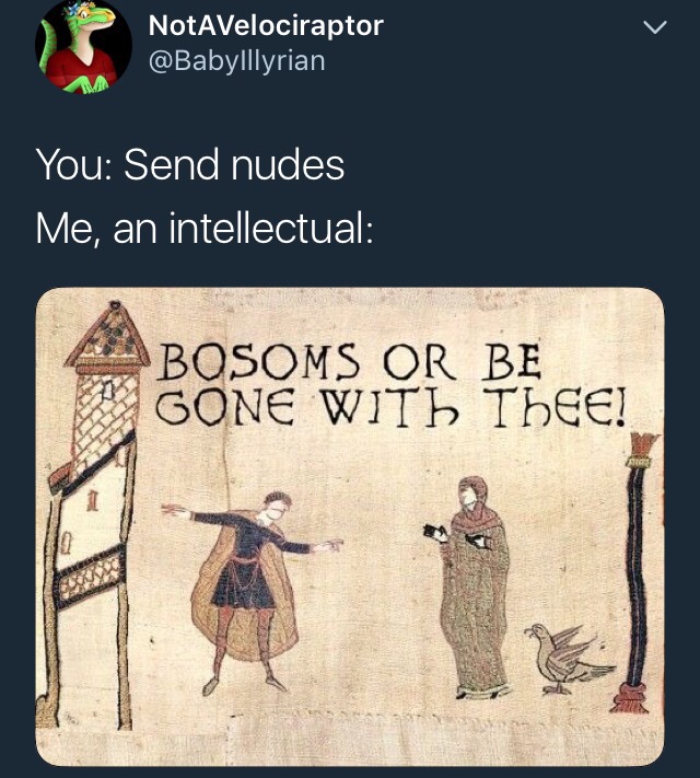 memes - medieval meme - NotVelociraptor You Send nudes Me, an intellectual Bosoms Or Be Gone With Thee!