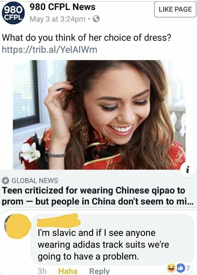 memes - keziah daum dress - 980 980 Cfpl News Cfpl May 3 at pm Page What do you think of her choice of dress? Global News Teen criticized for wearing Chinese qipao to prom but people in China don't seem to mi... I'm slavic and if I see anyone wearing adid