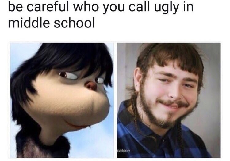 Post malone meme warning about who you call ugly in school and a comparison to Horton from Horton Hears a Who