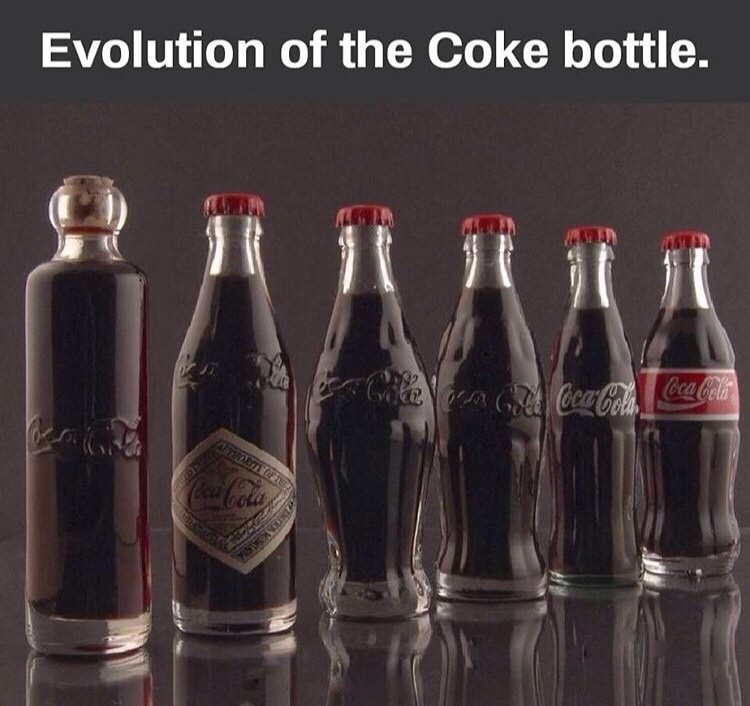 Coke bottles from various years since being invnented