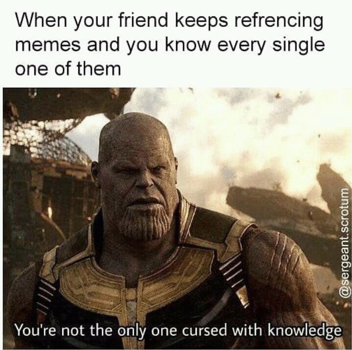 endgame memes - When your friend keeps refrencing memes and you know every single one of them .scrotum You're not the only one cursed with knowledge