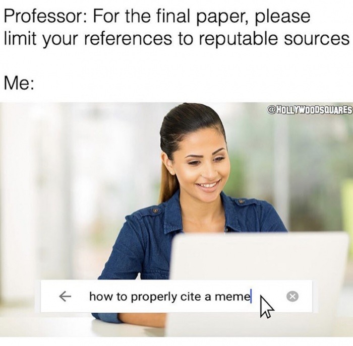 memes - college student with computer - Professor For the final paper, please limit your references to reputable sources Me f how to properly cite a memel 8