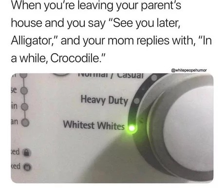 memes - whitest of whites memes - When you're leaving your parent's house and you say "See you later, Alligator," and your mom replies with, "In a while, Crocodile." Qwhitepropehumor Tutti Casual se o Heavy Duty Whitest Whites ted ced