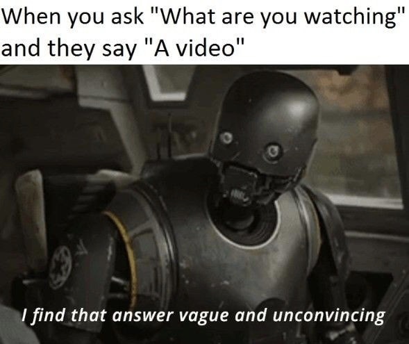 memes - find that answer vague and unconvincing - When you ask "What are you watching" and they say "A video" I find that answer vague and unconvincing