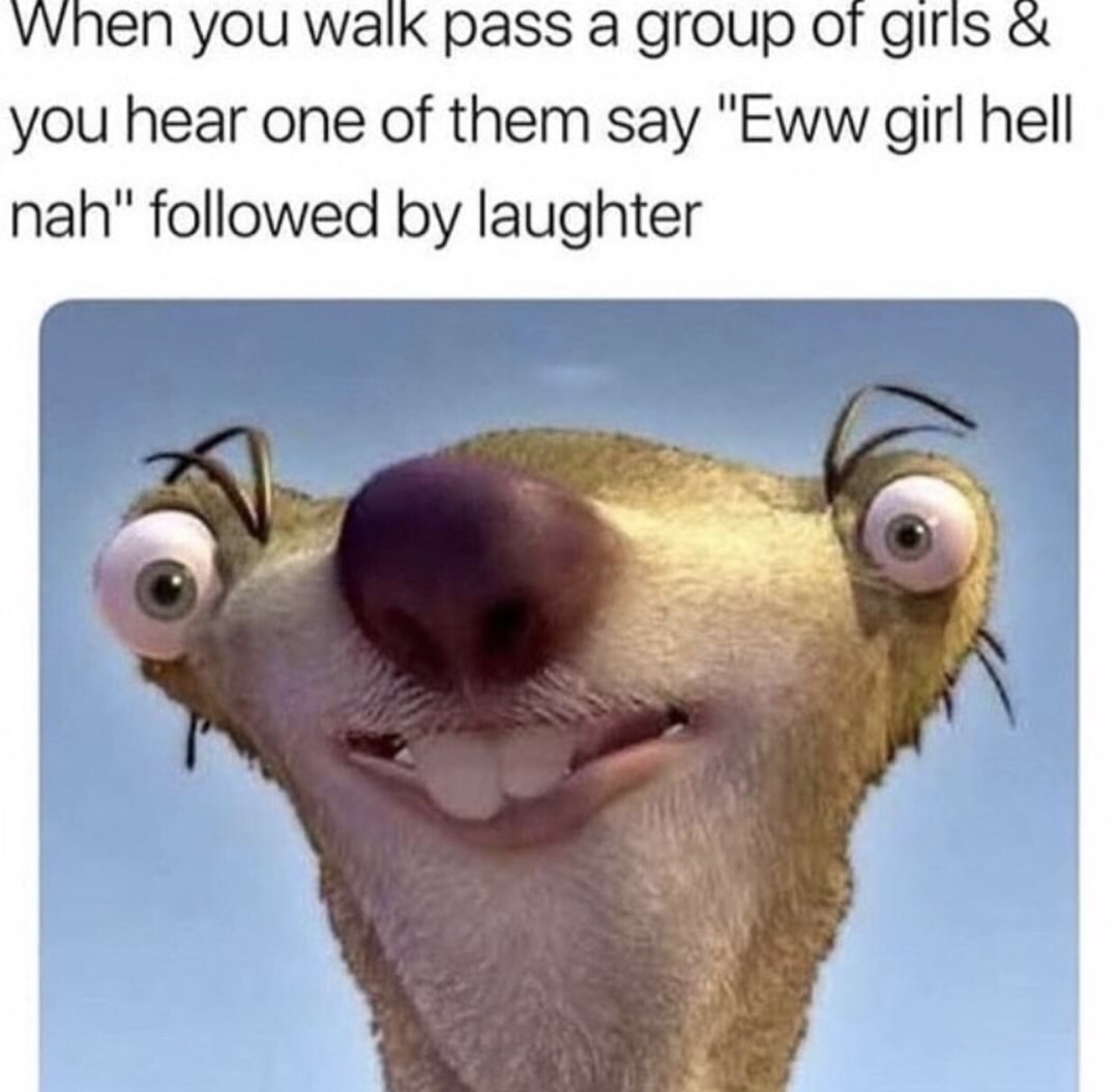 memes - sid from ice age - When you walk pass a group of girls & you hear one of them say "Eww girl hell nah" ed by laughter