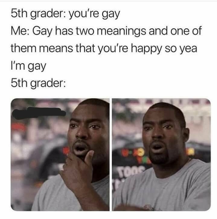 5th grader gay meme - 5th grader you're gay Me Gay has two meanings and one of them means that you're happy so yea I'm gay 5th grader