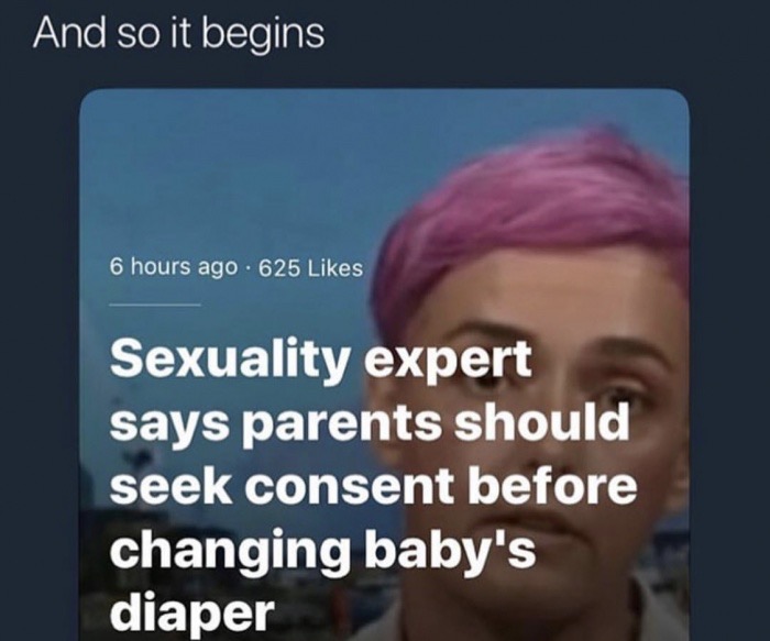 sunday meme with headline about asking babies to consent to diaper changes