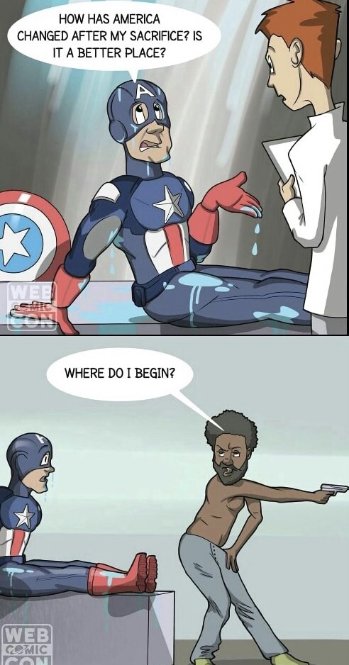 sunday meme about Captain America waking into Childish Gambino's America music video