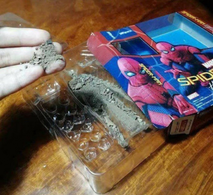 sunday meme of Spider Man action figure that was turned into dust