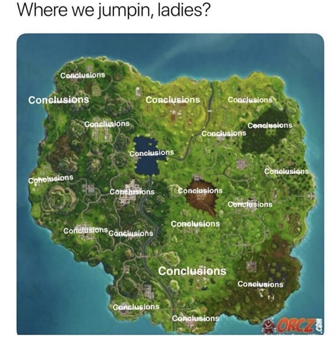 sunday meme about women jumping to conclusions with a Fortnite map