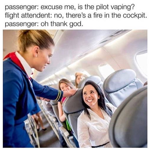 memes - talking to a flight attendant - passenger excuse me, is the pilot vaping? flight attendent no, there's a fire in the cockpit. passenger oh thank god.