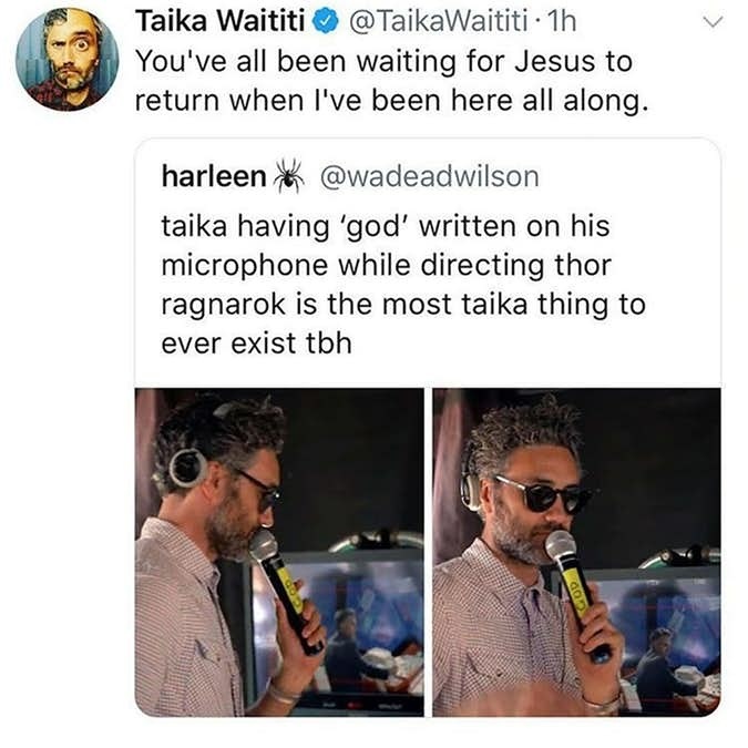 memes - Marvel Cinematic Universe - Taika Waititi 1h You've all been waiting for Jesus to return when I've been here all along. harleen taika having 'god' written on his microphone while directing thor ragnarok is the most taika thing to ever exist tbh
