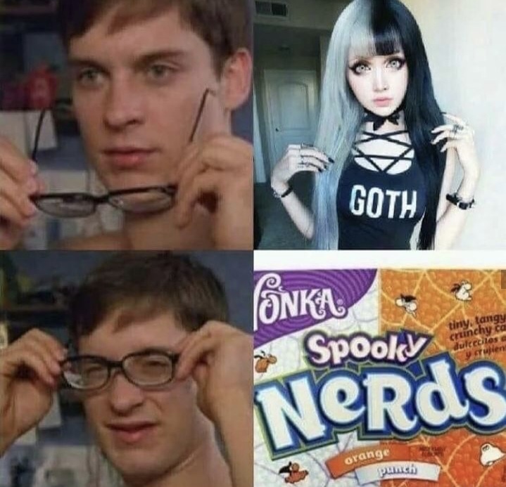 memes - nerd girlfriend meme - Goth Jonka Spooky unchy co y crujien Nerds orange Dunch