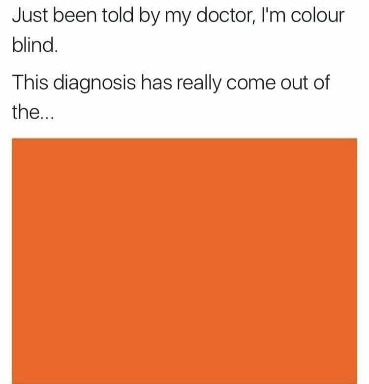 memes - orange - Just been told by my doctor, I'm colour blind. This diagnosis has really come out of the...
