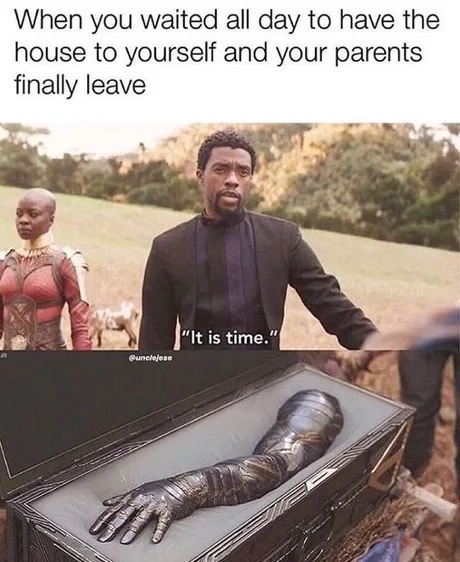 memes - your parents leave the house - When you waited all day to have the house to yourself and your parents finally leave "It is time." unclejese