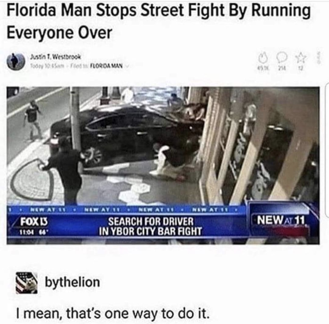 memes - florida man stops street fight by running everyone over - Florida Man Stops Street Fight By Running Everyone Over jussn 1 Wessbrook 5564 Rorol Van Ats Nan New At Huonektay Tron New Foxb Search For Driver In Ybor City Bar Fight Newa 11 bythelion I 