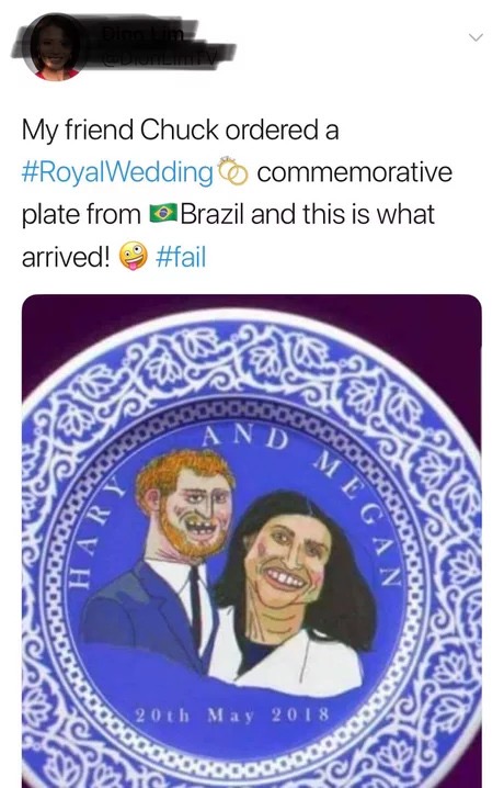 funny Monday meme with pic of Prince Harry and Meghan drawn badly on a plate