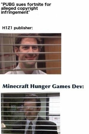 Monday meme about gaming companies suing each other with pics of Jim Halpert and Michael Scott looking through blinds