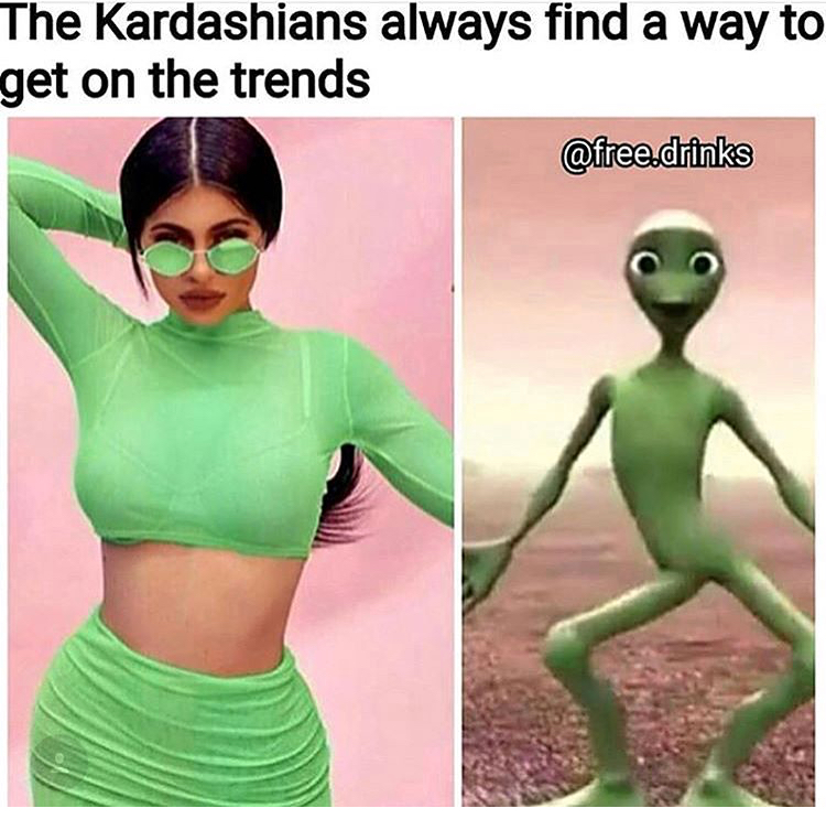 Monday meme about the Kardashians with pic of Kylie Jenner dressed as a green alien