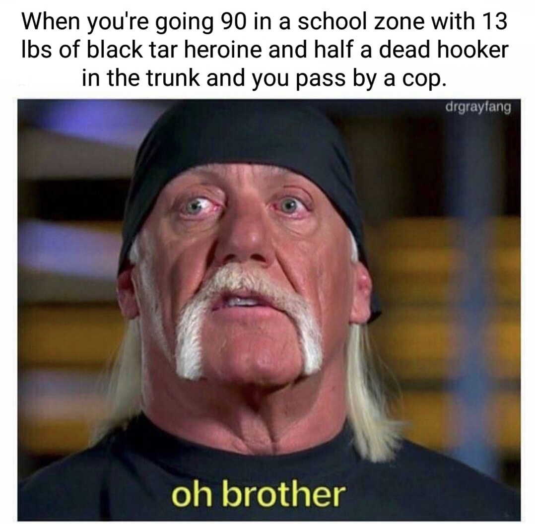 hulk hogan oh brother meme - When you're going 90 in a school zone with 13 Ibs of black tar heroine and half a dead hooker in the trunk and you pass by a cop. drgrayfang oh brother