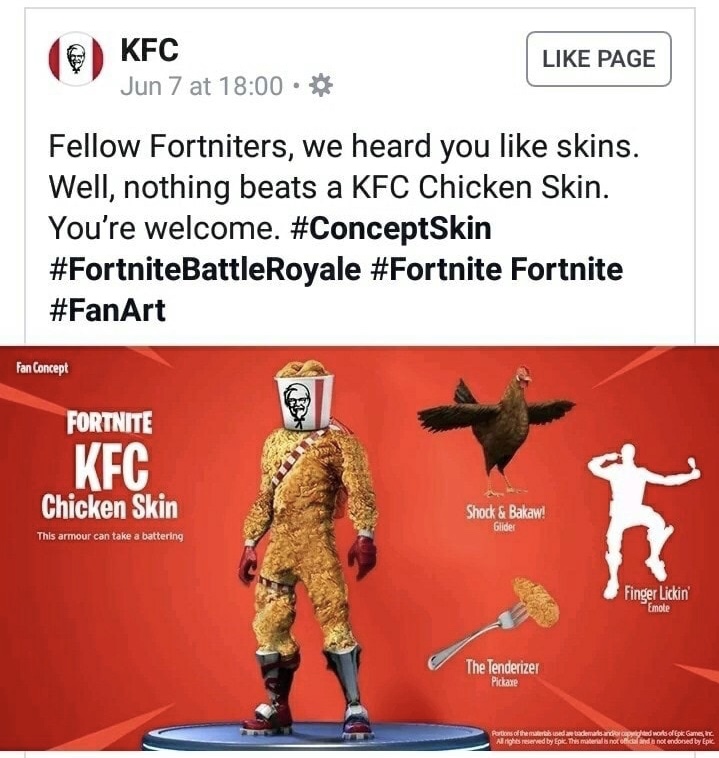 skin kfc fortnite - e Kfc Page Jun 7 at . Fellow Fortniters, we heard you skins. Well, nothing beats a Kfc Chicken Skin. You're welcome. Battle Royale Fortnite Fan Concept Fortnite Kfc Chicken Skin Shock & Bakaw! Glider This armour can take a battering Fi