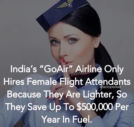 beauty - India's "GoAir Airline Only Hires Female Flight Attendants Because They Are Lighter, So They Save Up To $500,000 Per Year In Fuel