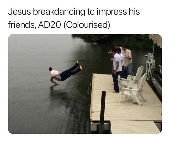 jesus breakdancing meme - Jesus breakdancing to impress his friends, AD20 Colourised