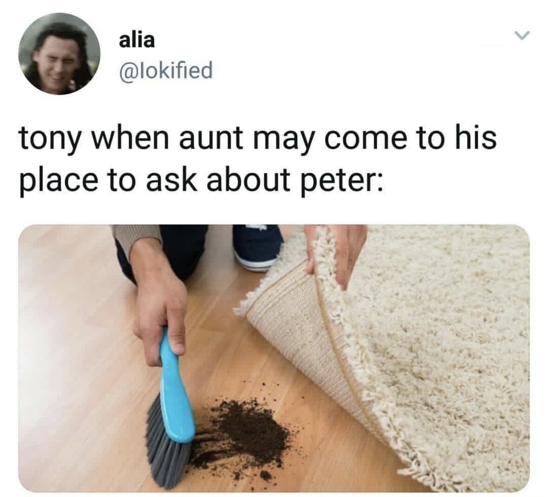 tony and peter memes - alia tony when aunt may come to his place to ask about peter