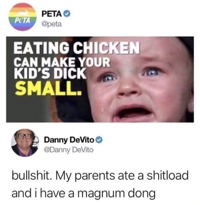 dank memes - meme magnum dong - Pcta Peta Eating Chicken Can Make Your Kid'S Dick Small. Danny DeVito DeVito bullshit. My parents ate a shitload and i have a magnum dong